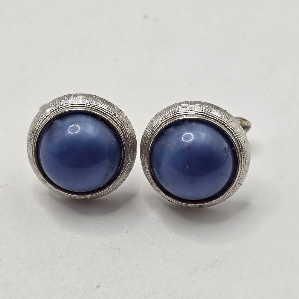 Vintage Silver Tone Blue Cabochon Glass Cufflinks Textured Round Mid Century